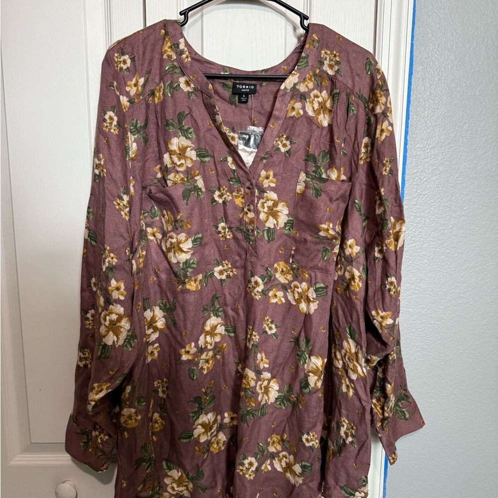 Torrid Floral Blouse - Dusty Rose and Yellow
